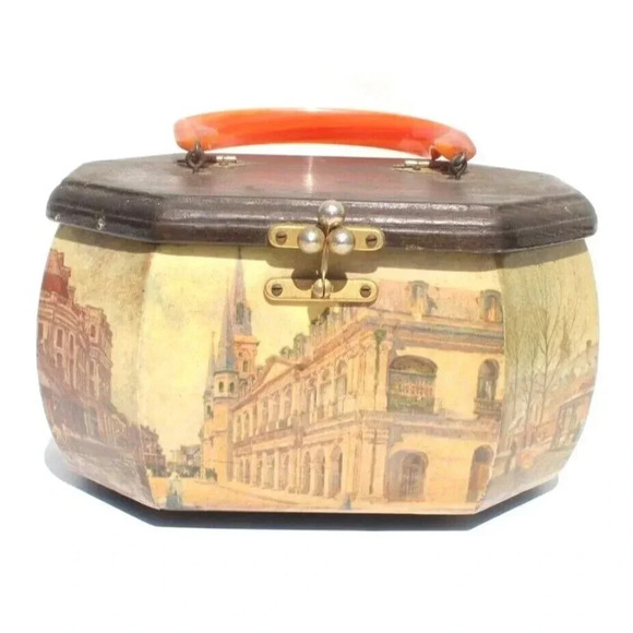 Vintage 1970s Victorian Cottage Octagon Wood Box Purse W/ Handles - Picture 2 of 6